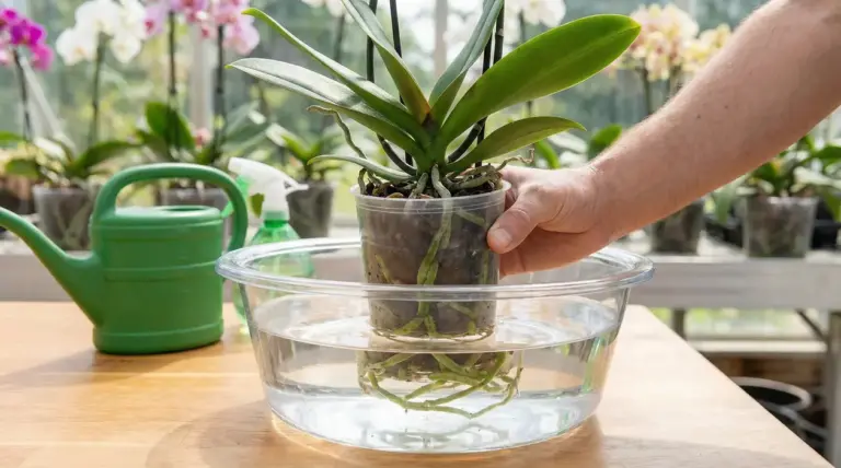 Mano che immerge un’orchidea in vaso trasparente in una bacinella d’acqua per l’irrigazione corretta