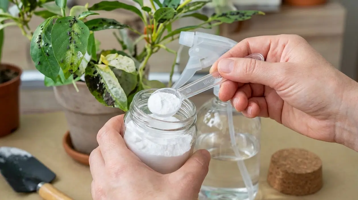 Mani preparano bicarbonato vicino a una pianta in vaso infestata da afidi, con spruzzino sul tavolo