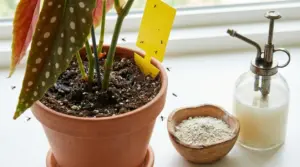 Pianta in vaso con moscerini del terriccio e trappola adesiva gialla sul davanzale