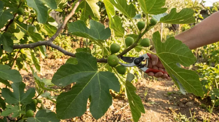 Mano con cesoie che pota un ramo di fico con frutti verdi e grandi foglie in giardino