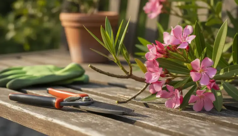 Ramo di oleandro con fiori rosa su un tavolo, vicino a forbici da potatura e guanti da giardinaggio