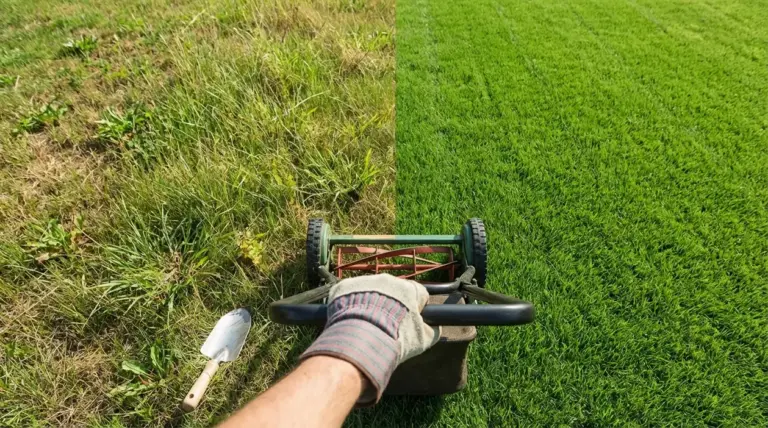 Persona che spinge un tagliaerba tra prato secco e prato verde, confronto sulla cura del prato