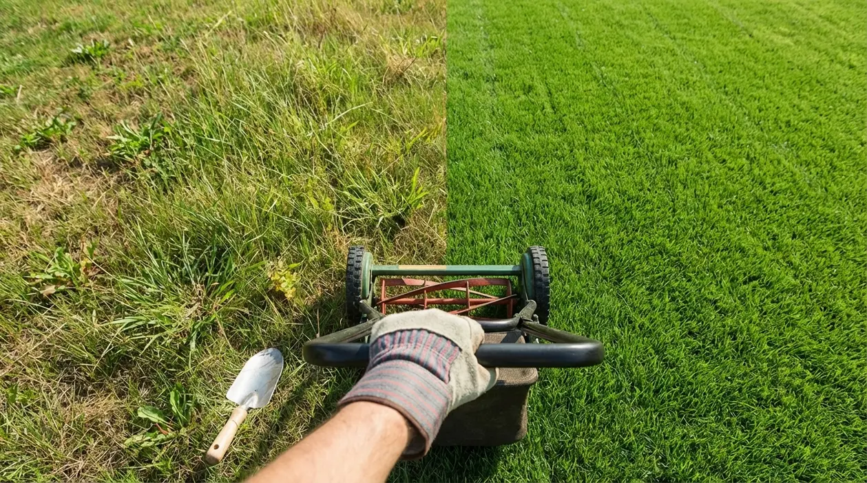 Persona che spinge un tagliaerba tra prato secco e prato verde, confronto sulla cura del prato
