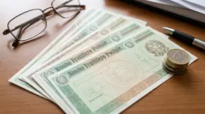 Buoni fruttiferi postali e monete su una scrivania con penna e occhiali