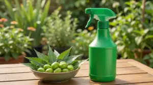 Spruzzino verde da giardinaggio accanto a foglie e frutti di neem su un tavolo in un giardino