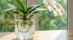 Orchidea bianca coltivata in acqua in un vaso di vetro con radici visibili vicino a una finestra