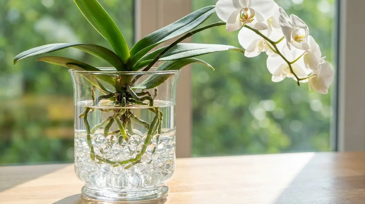 Orchidea bianca coltivata in acqua in un vaso di vetro con radici visibili vicino a una finestra