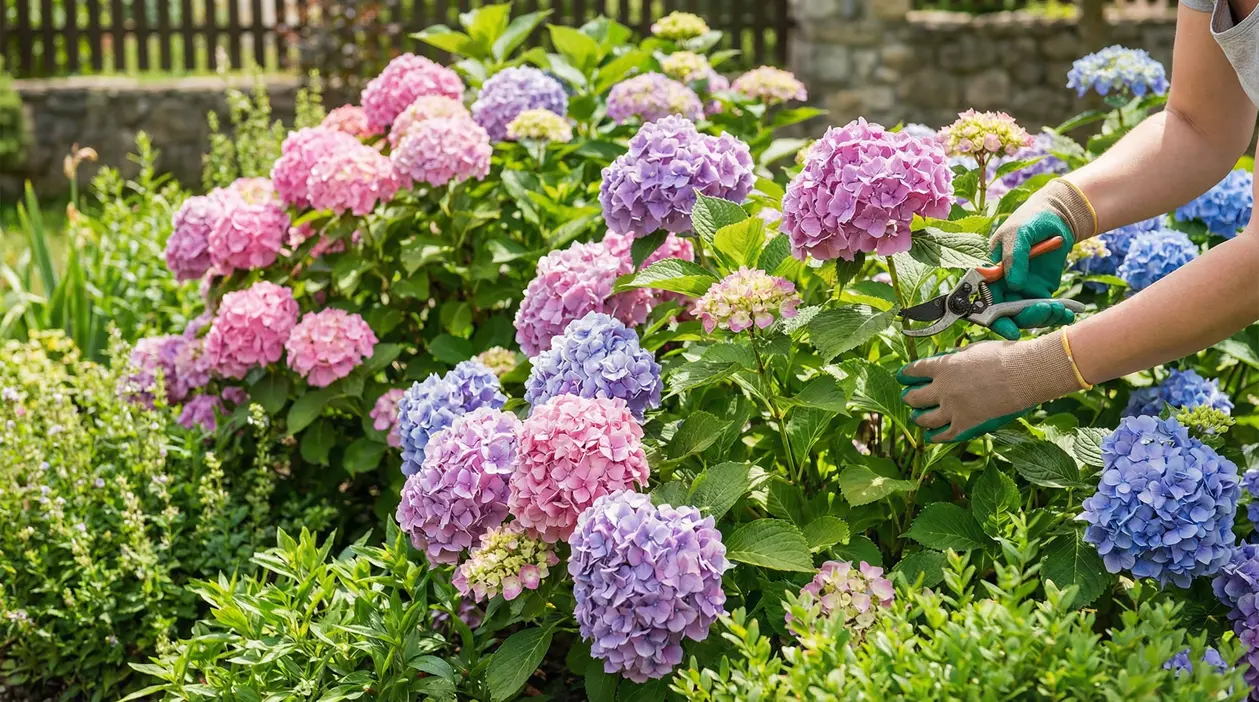 Mani con guanti che potano un’ortensia in fiore in giardino, con infiorescenze rosa, viola e azzurre