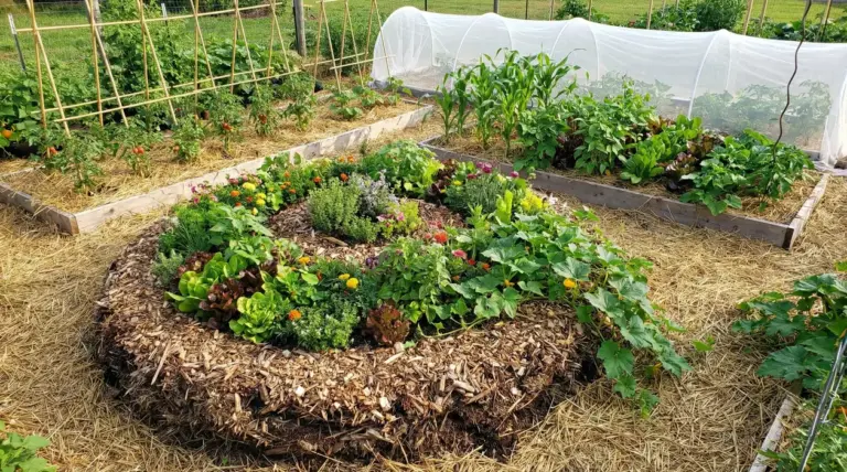 Orto sinergico con aiuole pacciamate, consociazioni di ortaggi e fiori, tunnel di protezione e graticci di sostegno