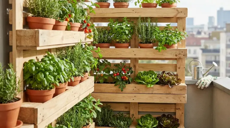 Orto verticale su balcone con pallet in legno, vasi di erbe aromatiche, pomodori e lattuga