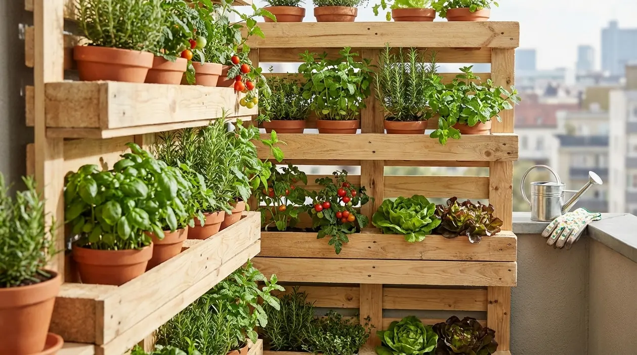 Orto verticale su balcone con pallet in legno, vasi di erbe aromatiche, pomodori e lattuga