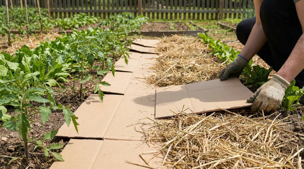 Pacciamatura nell’orto con cartone e paglia tra le file di ortaggi, mentre una persona stende i fogli sul terreno