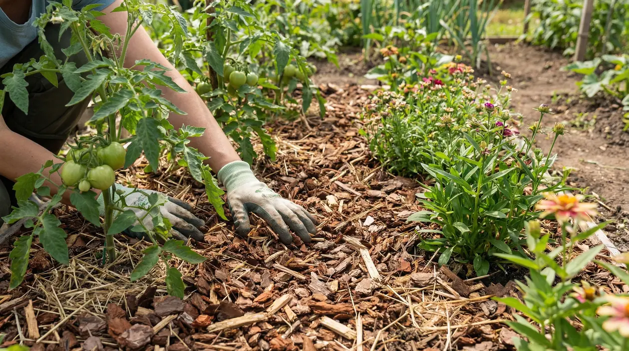 Persona con guanti stende pacciamatura di corteccia e paglia nell’orto tra piante di pomodoro e fiori