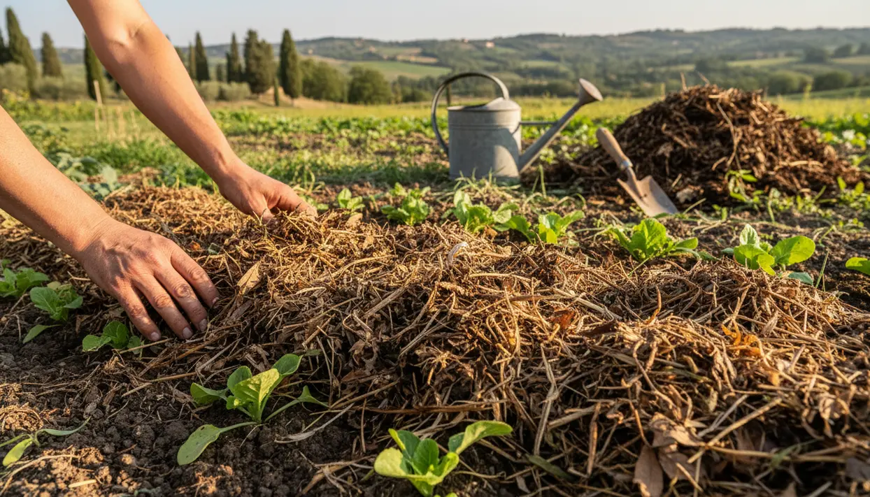 Mani che stendono pacciamatura di paglia nell’orto tra giovani piantine, per proteggere il suolo e mantenerlo fertile