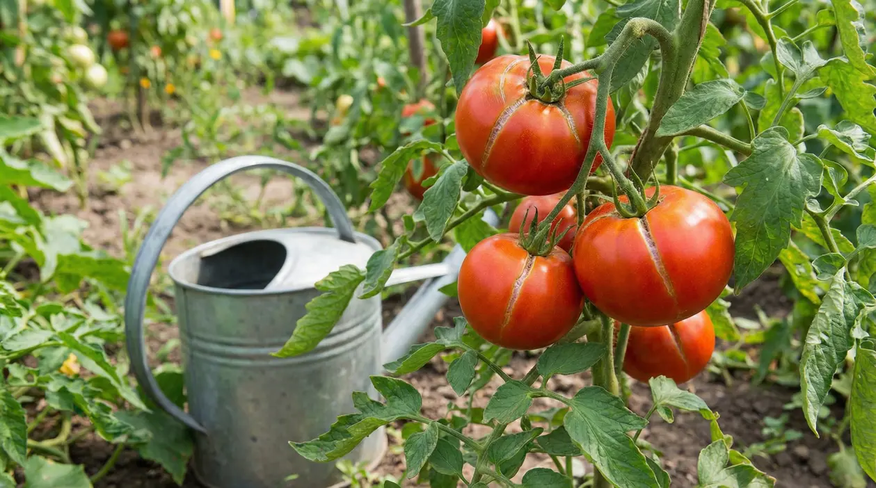 Pomodori maturi con spaccature sulla pianta, vicino a un annaffiatoio nell’orto