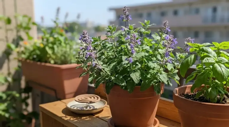 Piante aromatiche in vaso su un balcone soleggiato, utili come barriera naturale contro le zanzare