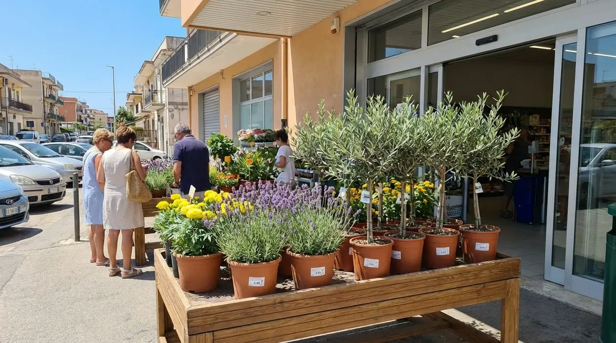 Piante da esterno in vaso esposte davanti a un supermercato, con clienti che osservano fiori e arbusti resistenti