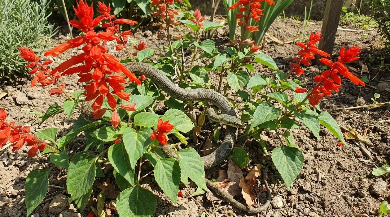 Serpente tra fiori rossi di salvia in giardino, vicino a una pianta ornamentale comune