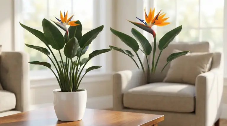 Pianta di strelitzia in vaso bianco su un tavolino in salotto luminoso