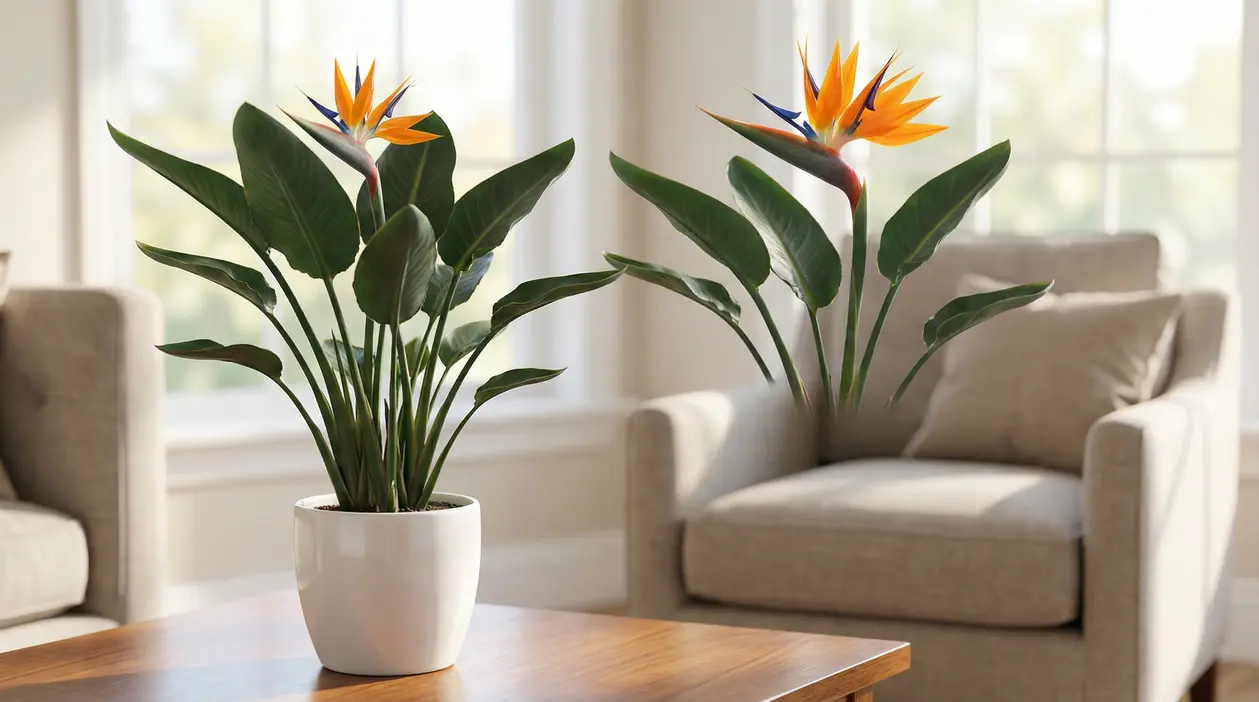 Pianta di strelitzia in vaso bianco su un tavolino in salotto luminoso