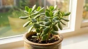 Pianta grassa giada (Crassula ovata) in vaso sul davanzale, illuminata dal sole vicino a una finestra