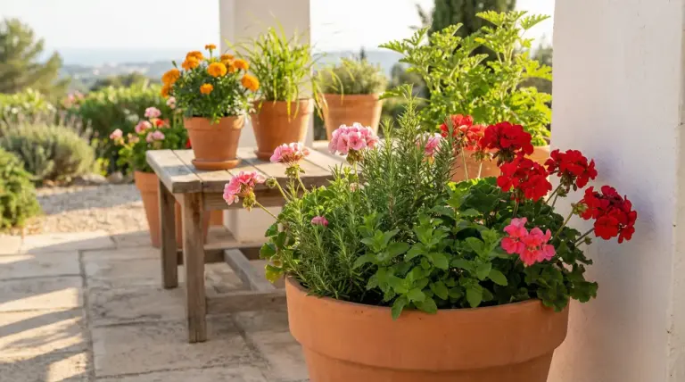 Vasi di terracotta con piante aromatiche e gerani fioriti su una terrazza soleggiata