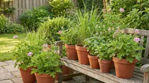 Vasi di terracotta con piante aromatiche e fiori su una panchina in giardino, utili come repellenti naturali per zanzare