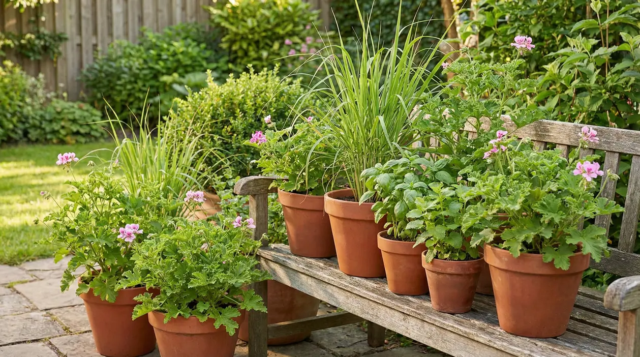 Vasi di terracotta con piante aromatiche e fiori su una panchina in giardino, utili come repellenti naturali per zanzare