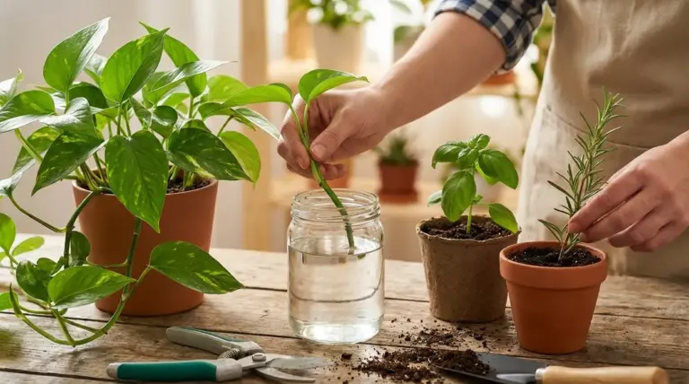 Persona che moltiplica piante con talee di pothos, basilico e rosmarino su un tavolo da giardinaggio