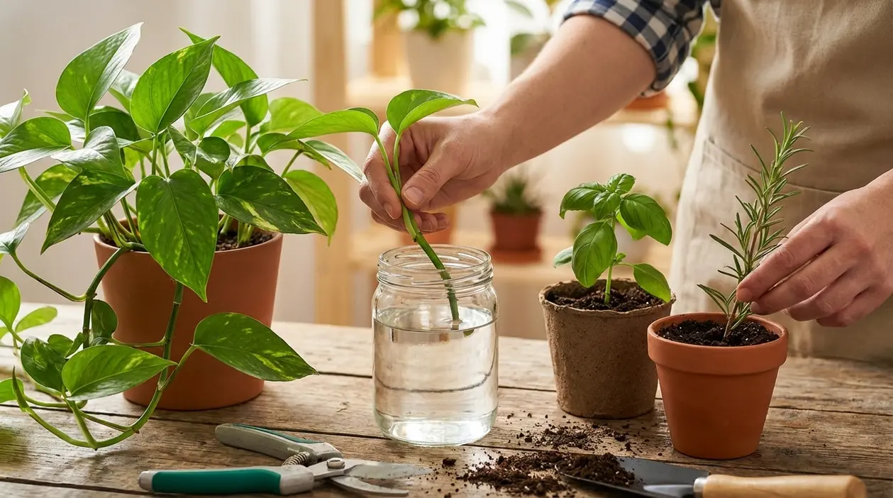 Persona che moltiplica piante con talee di pothos, basilico e rosmarino su un tavolo da giardinaggio