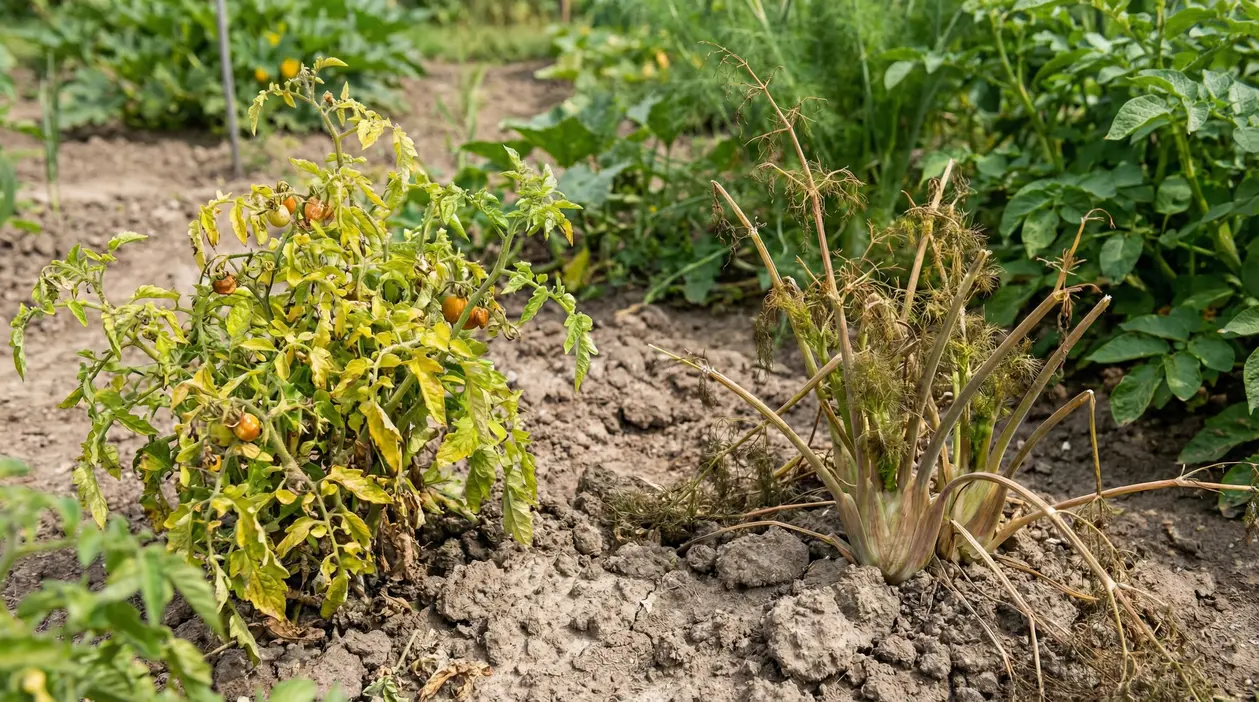 Pianta di pomodoro e finocchio appassiti vicini nell'orto, esempio di consociazioni sbagliate