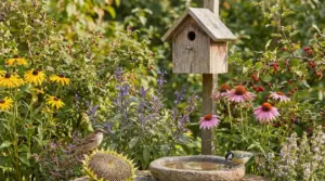 Giardino fiorito con casetta per uccelli, vaschetta d’acqua e piccoli uccellini tra piante e bacche