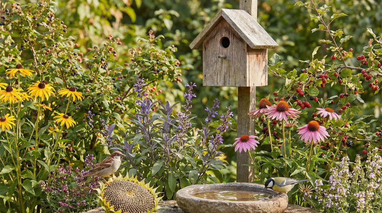 Giardino fiorito con casetta per uccelli, vaschetta d’acqua e piccoli uccellini tra piante e bacche