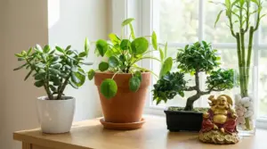 Piante da interno feng shui su un tavolo vicino alla finestra, con albero di giada, pilea, bonsai e bambù fortunato