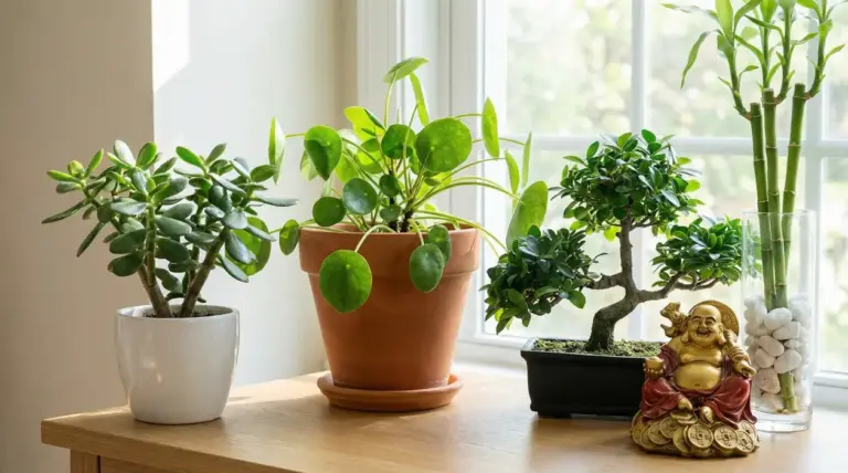 Piante da interno feng shui su un tavolo vicino alla finestra, con albero di giada, pilea, bonsai e bambù fortunato