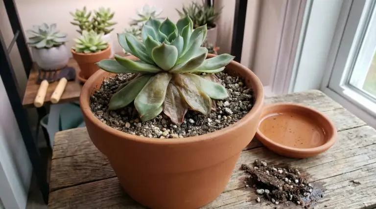 Pianta grassa in vaso con foglie inferiori scure e molli, vicino a sottovaso con acqua su un tavolo di legno