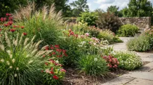 Serpente tra erbe ornamentali e fiori in un giardino lungo un vialetto in pietra