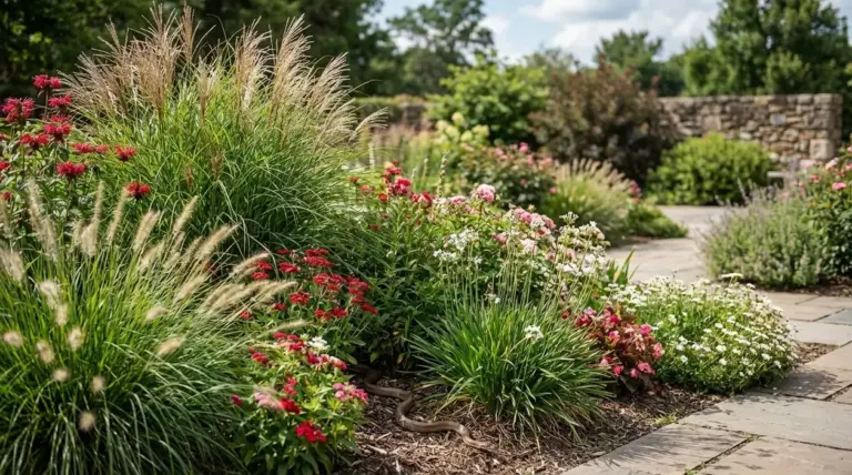 Serpente tra erbe ornamentali e fiori in un giardino lungo un vialetto in pietra
