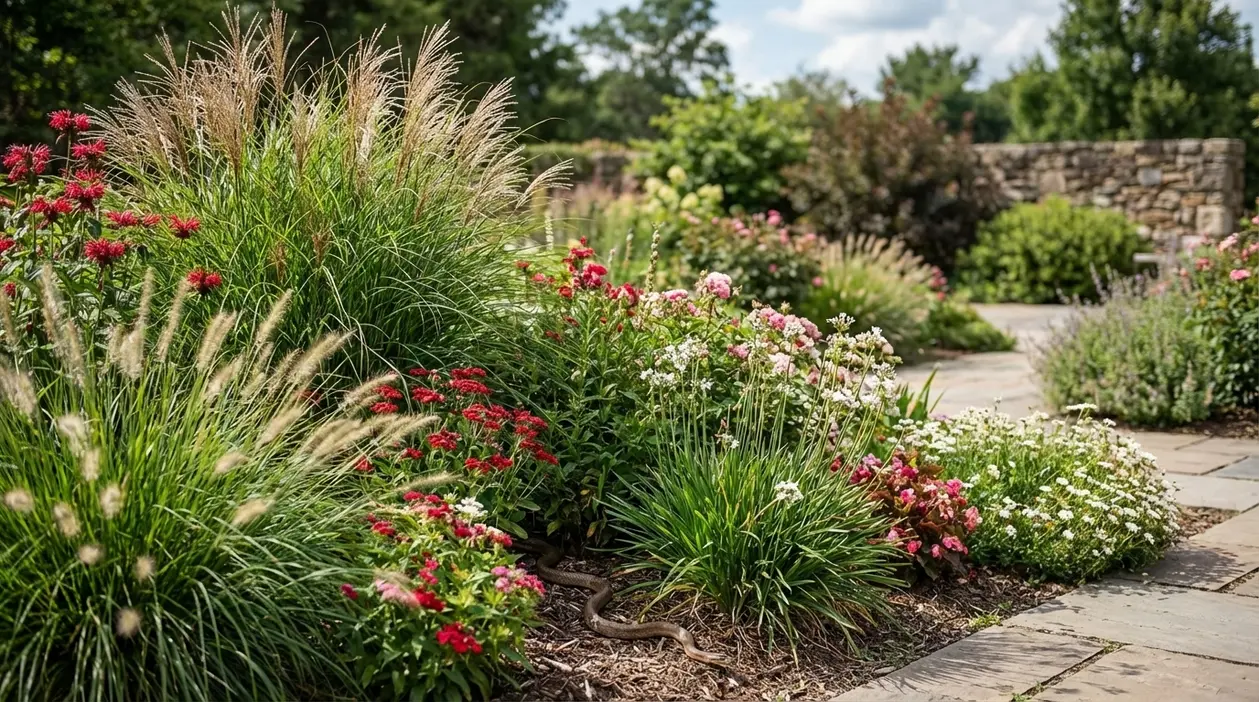 Serpente tra erbe ornamentali e fiori in un giardino lungo un vialetto in pietra