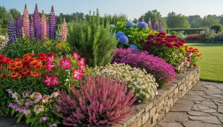Aiuola di piante perenni in fiore con lupini, ortensie e altri fiori colorati lungo un vialetto in pietra