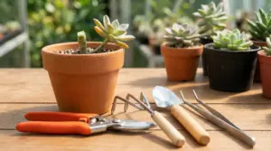 Pianta grassa potata in vaso di terracotta con cesoie e attrezzi da giardinaggio su un tavolo