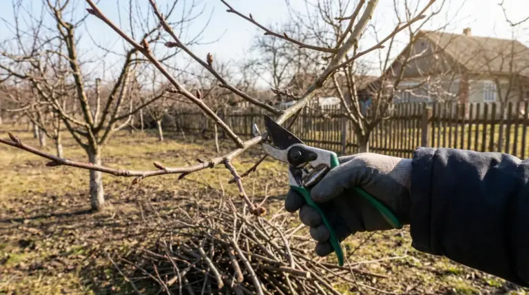 Mano con cesoie mentre pota un albero da frutto in un frutteto durante il riposo vegetativo