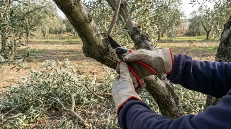 Mani con guanti che potano un ramo di ulivo con forbici da potatura in un oliveto