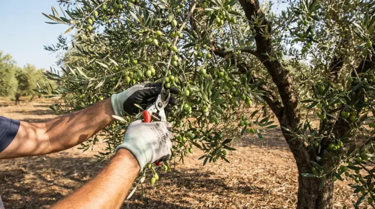Mani con cesoie potano un ramo di ulivo carico di olive verdi in un oliveto