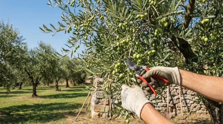 Mani con guanti potano un ramo di ulivo carico di olive verdi in un oliveto soleggiato