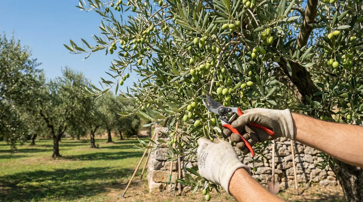 Mani con guanti potano un ramo di ulivo carico di olive verdi in un oliveto soleggiato