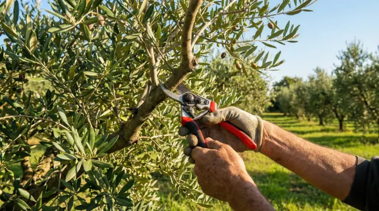 Potatura di un ulivo con cesoie in un oliveto per favorire una maggiore produzione di olive