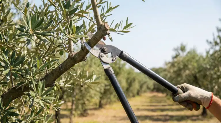 Potatura di un ulivo con cesoie a due mani mentre si taglia un ramo in un oliveto
