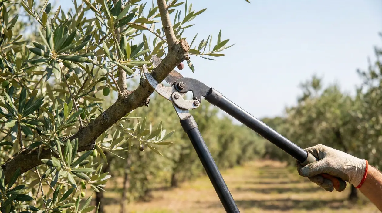 Potatura di un ulivo con cesoie a due mani mentre si taglia un ramo in un oliveto
