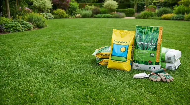 Sacco di semi e attrezzi da giardinaggio su un prato fitto e curato in giardino